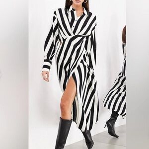 ASOS Black and White Striped Long Sleeve Asymmetrical Shirt Dress size 12